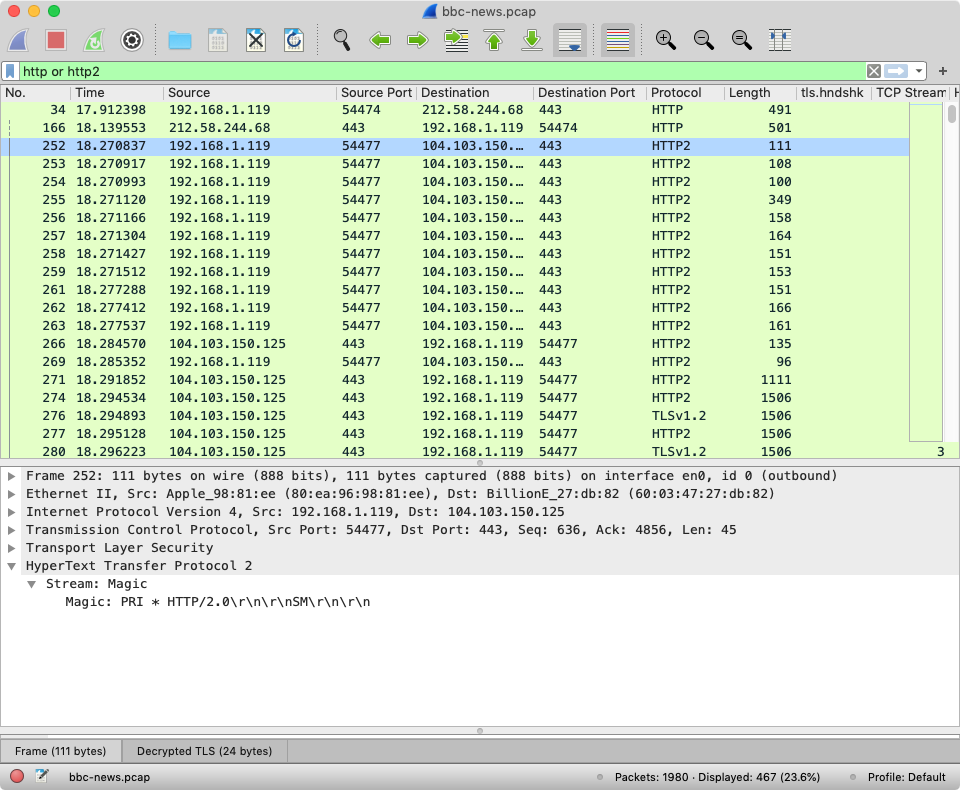 Wireshark showing a decrypted packet capture for bbc.co.uk/news