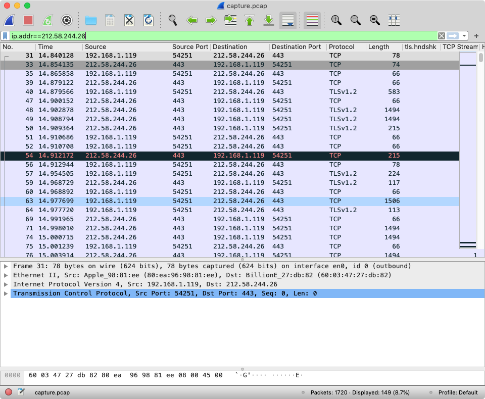 Wireshark showing an encrypted packet capture for bbc.co.uk/news