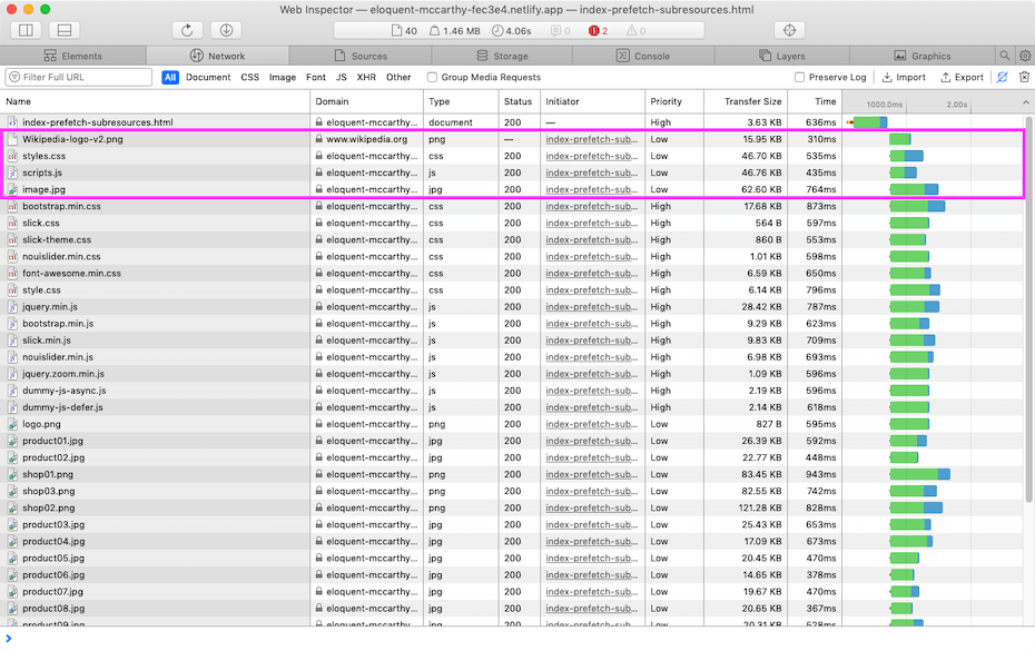 WebPageTest waterfall showing Safari requesting prefetched resources early and them competing with other resources due to poor server HTTP/2 prioritisation