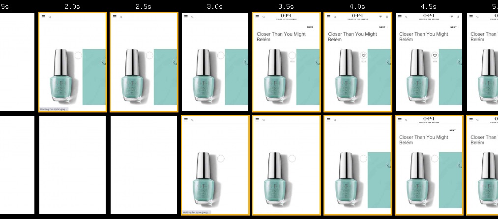 WebPageTest filmstrip comparing Opi before and after third-party tags have been choreographed