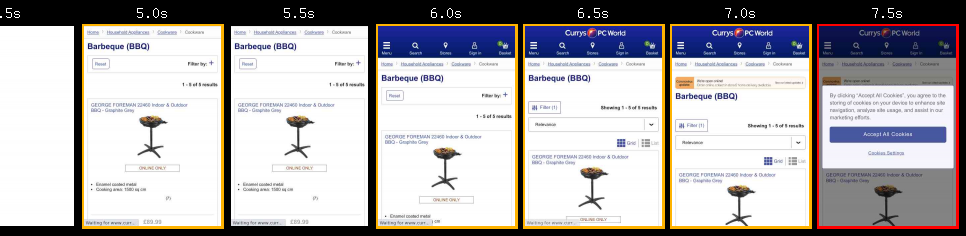 Filmstrip showing the cookie banner as Largest Contentful Paint on currys.co.uk