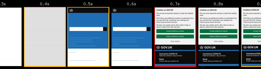 Filmstrip showing the layout shift when the consent banner loads on gov.uk