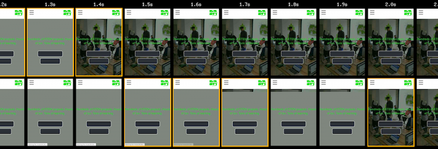 Filmstrip comparing the perfomance of Digital Adventures, with (top) and without (bottom) a preconnect to Cloudinary